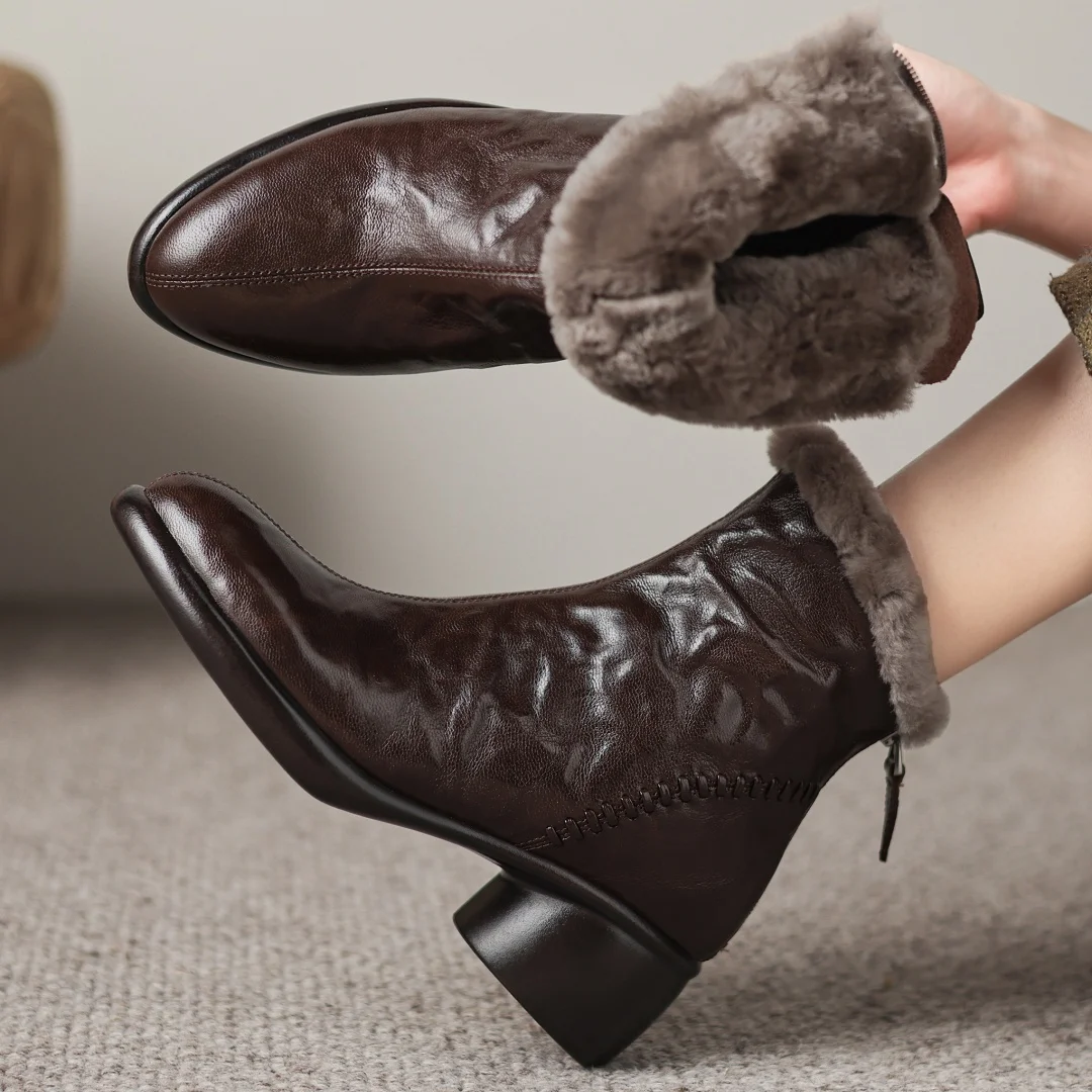 

Women's pleated sheepskin round toe back zip wool inside winter ankle snow boots 5.5cm round med heel casual warm short booties