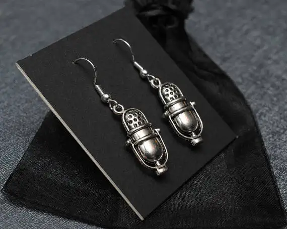 Fashion Radio DJ Microphone Earrings Silver Tone Cosplay Prop Women Stud