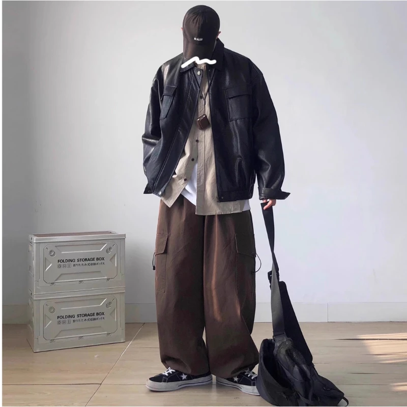 Spring 2024 Bomber Pu Leather Jackets Mens American Street Hip Hop Multi Pocket Fashion Coat Streetwear Loose Short Outwear - Image 6