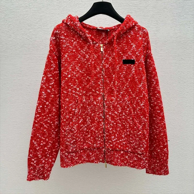 

High-quality women's wool zipper hooded cardigan sweater with pockets and drawstring,mixed-color diamond pattern coat 1112034