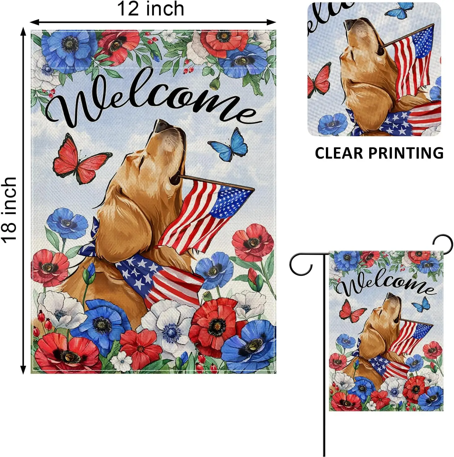 Welcome 4th of July Golden Retriever Dog Patriotic Decorative Garden Flag, America USA Pet Anemone Flower Yard Outside Decoratio