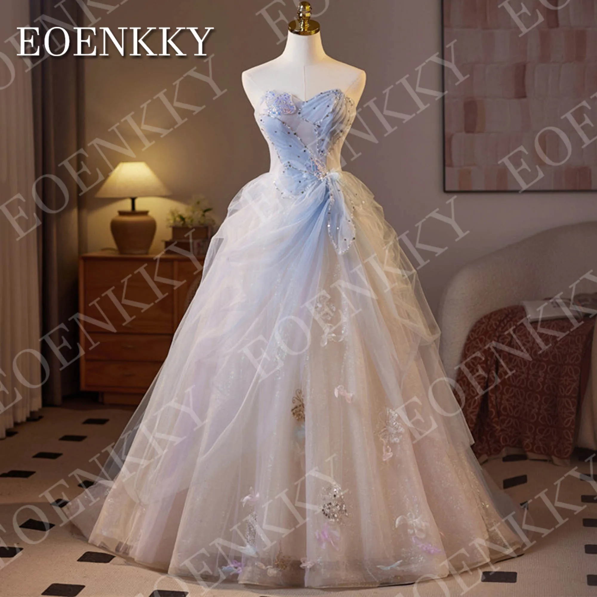 

EOENKKY Luxury Light Blue Prom Dress 2025 Sweetheart Sequin Bead Princess Glitter Butterfly Tulle Graduation Dresses Customized