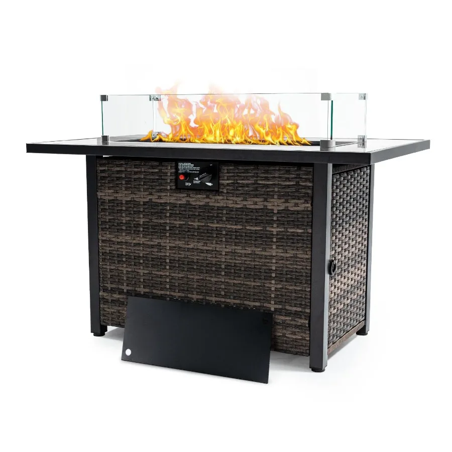 

Outdoor Fire Pit 50 000 BTU Propane Gas Fire Table with Lid Fireplace with Glass Wind Guard Wicker Base for Garden Patio Backya