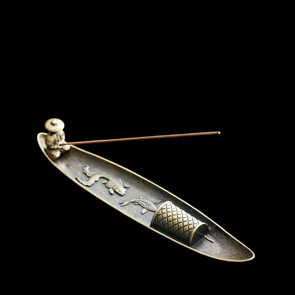 Japanese Style 21cm Zen Fishing Man Incense Burner Metal One Leaf Sandalwood Incense Sticks Holder Alloy Home Decor Ornaments
