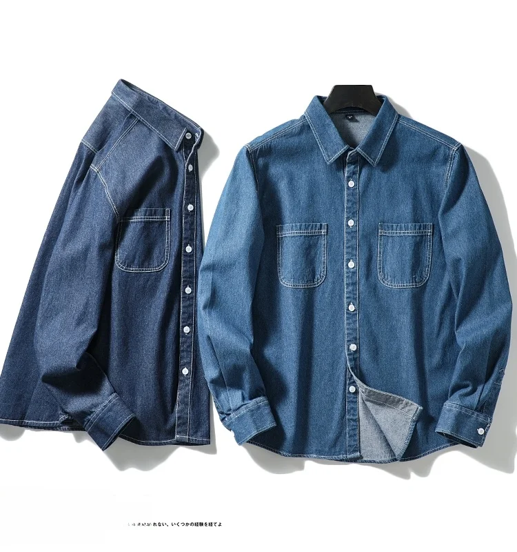 

Retro Japanese Sle Men's Faion Casual Cotton Denim irt Waed Stand Fit Long Sve Flip Collar Color Autumn Wear