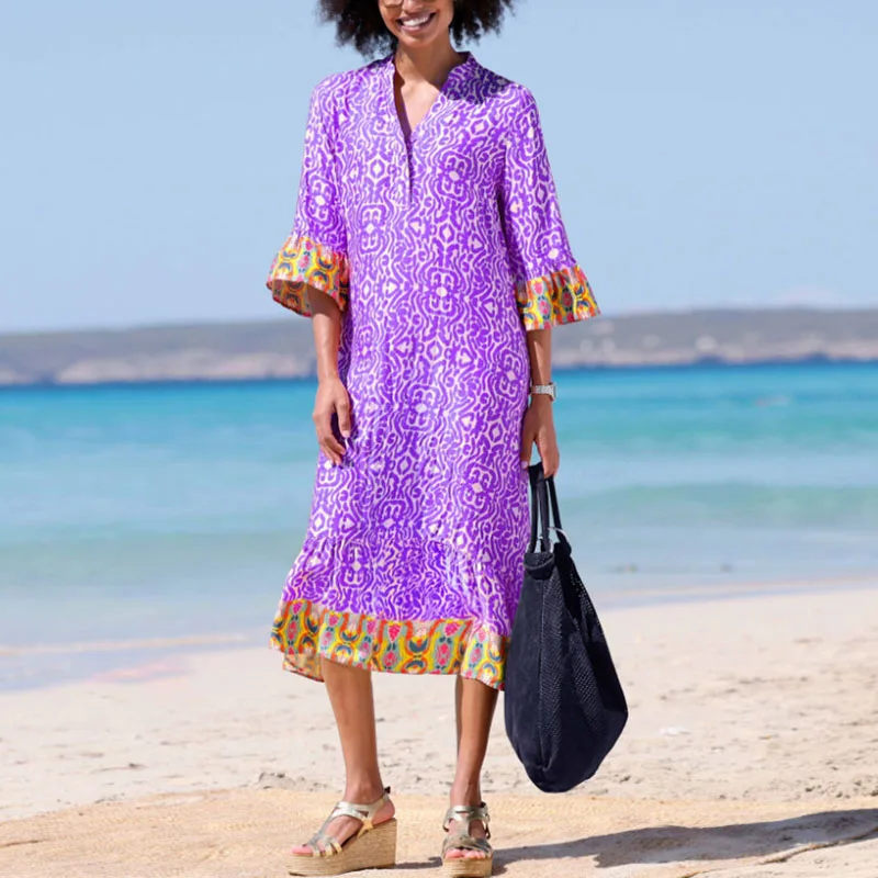 Neue Mode Damen V-Ausschnitt A-Linie Boho Kleider Sommer Vintage Muster Drucken Lose Kleid Casual Halbarm Patchwork Strandkleid