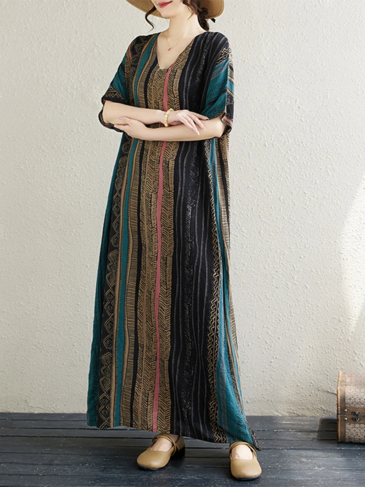 

Полосатое свободное хлопково-льняное платье Dr V-Ne, женское длинное платье больших размеров, утягивающая юбка трапециевидной формы, летняя тонкая материал