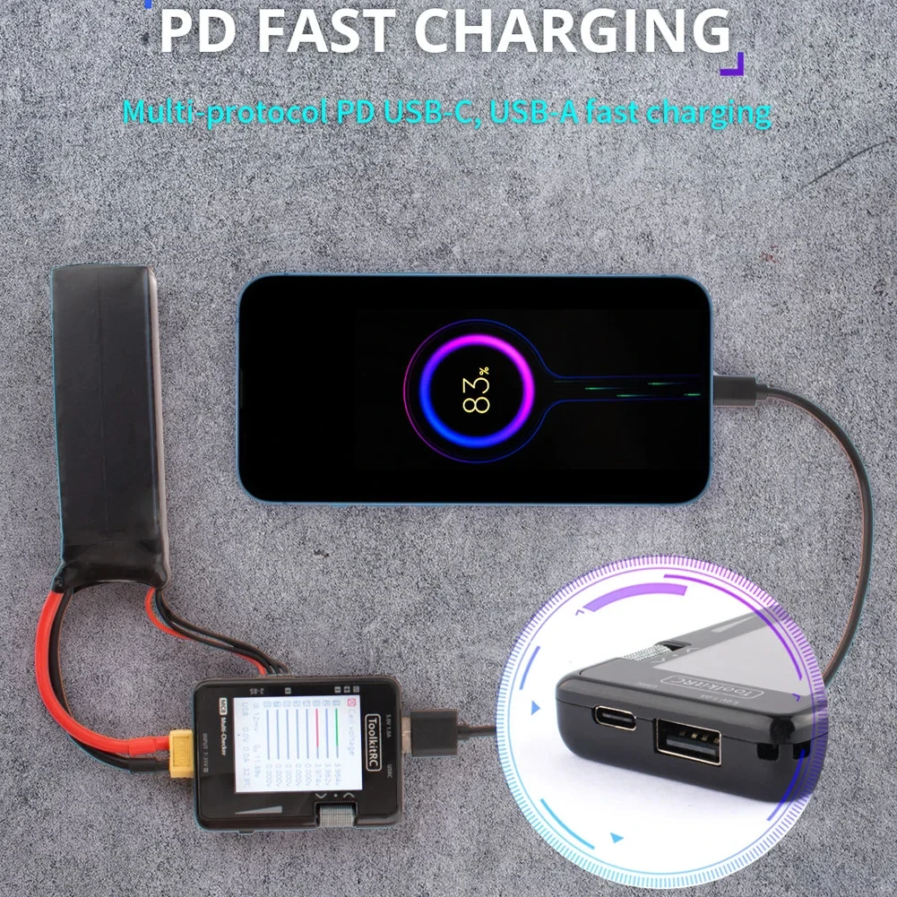 ToolkitRC MC8 Zellprüfer in Mini-Größe, 32-Bit-Akku, Multi-Checker, PWM-Ausgang, PPM-SBUS-Anzeige mit USB-C-Schnellladekabel