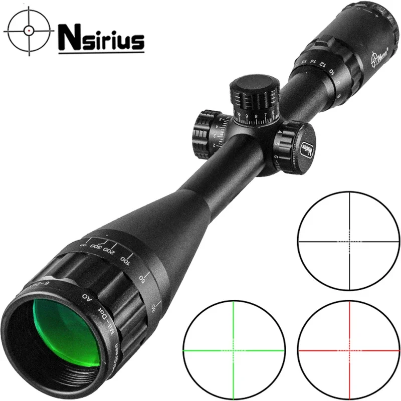 NSIRIUS 6-24x50AOE Optics Red Green illuminated Mil Dot Rifle Scope Precision Hunting Scope Air Rifle Scope With Cover Mount