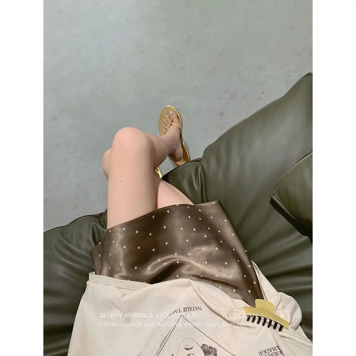 SALIENCY Polka Dot Brownie Summer Black and Brown French Satin Midi Skirt for Women