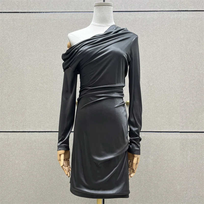 elegant party dresses woman 2024 autumn New sexy off shoulder long sleeved mini dress Satin slim Short dresses Evening dresses