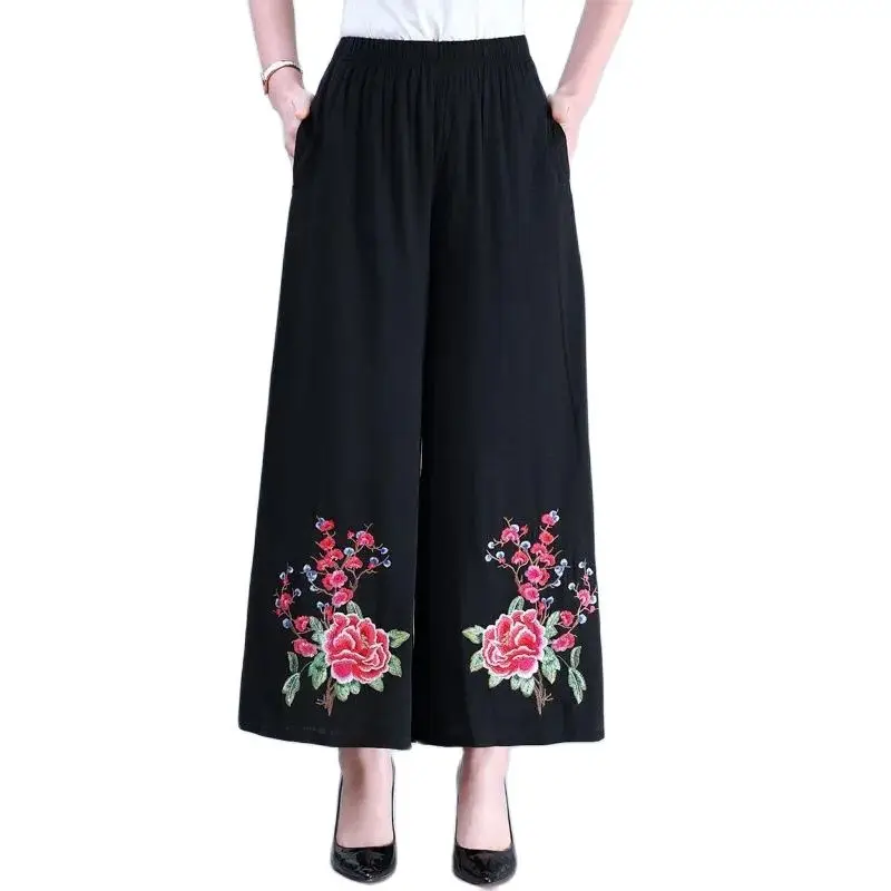 

New Middle-Aged Elderly Women's Embroidered Culottes Cropped Pants Summer Wide Leg Pants Folk Custom Square Dance Trousers