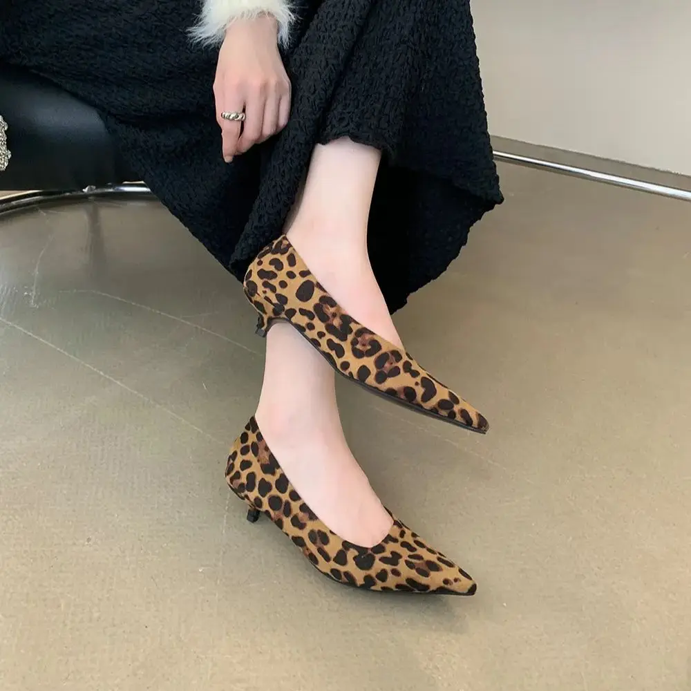 Flock Women Pumps Pointed Toe Leopard/Black Fashion Dress Shoes Thin Mid Heels Slip On Office Pumps Shoes Woman Size 35-39