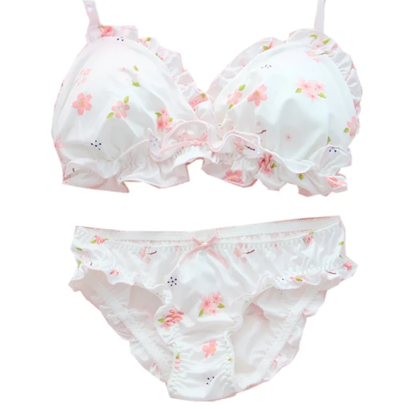 Pink Sakura Cute Japanese Bra & Panties Set Wirefree Soft Underwear Sleep Intimates Set Kawaii Lolita bra and panty set