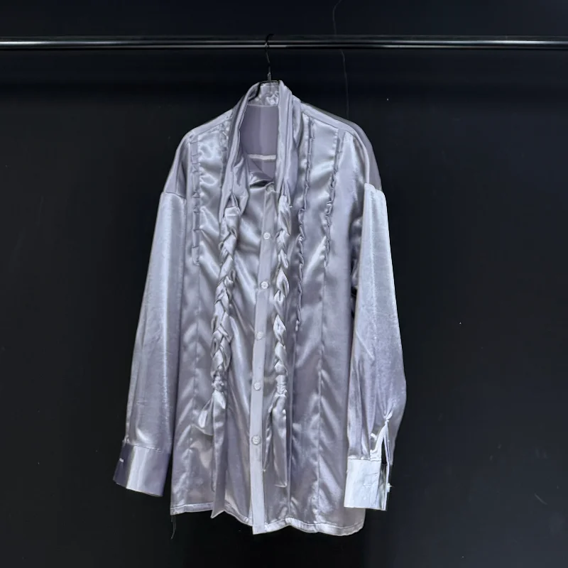 MWJLPWQ Spring Autumn Purple Pleated Textured Design Long-Sleeve Shirt For Men Women Loose Ribbons Design Casual Tops 17370
