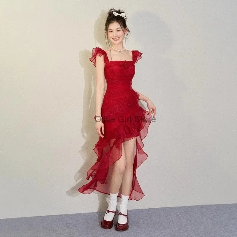 Summer Red Dress High End French Red Rose Decorative Sling Tail Elegant Sexy Dress Women's Clothes Party Birthday Dress