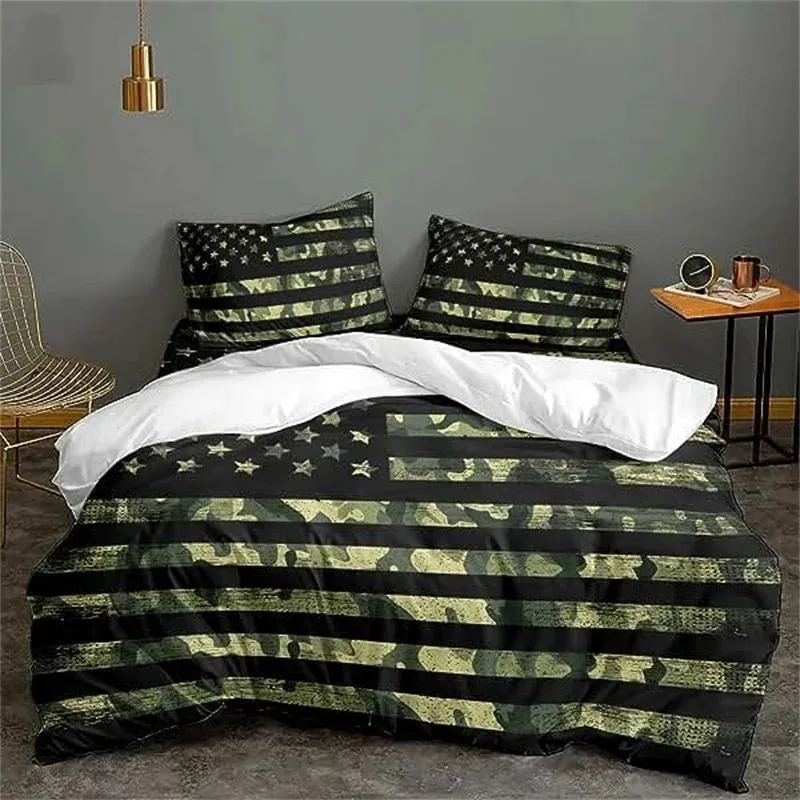 

Camouflage Duvet Cover American Patriotic Flag Comforter Polyester Bedding Set USA Stars Stripes for Boys Kids Teens Adult