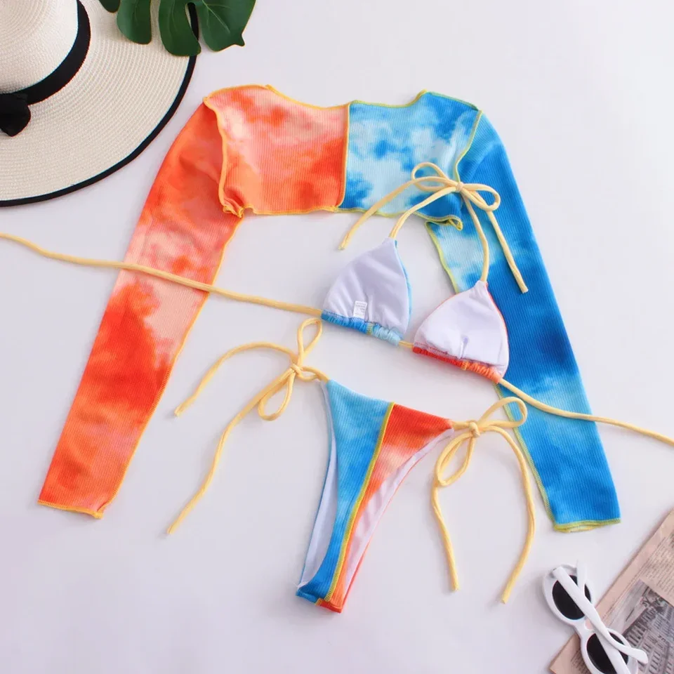 Tie Dye String Bikini Patchwork Swimsuit Thong Swimwear Women Y2K Crop Cover-up 3-piece Beach Bather Suit Biquini Feminino
