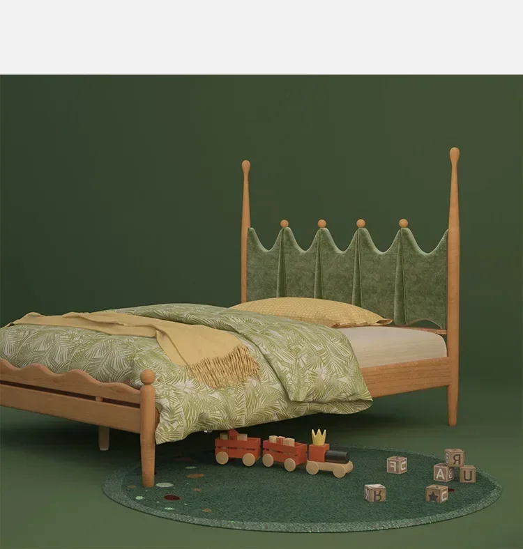 Solid wood North American cherry wood children's bed, Nordic velvet fabric soft bag bed, youth bedroom college bed