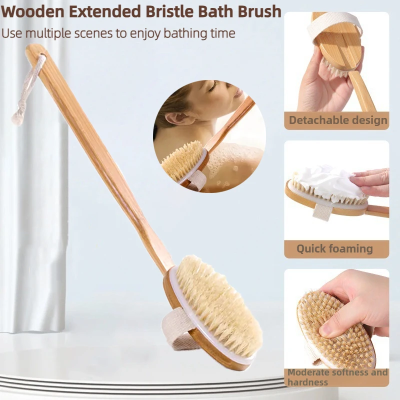 

Wooden pig bristles wet and dry use detachable long handle bath brush,exfoliating,body cleaning,quick foaming,man and women spa