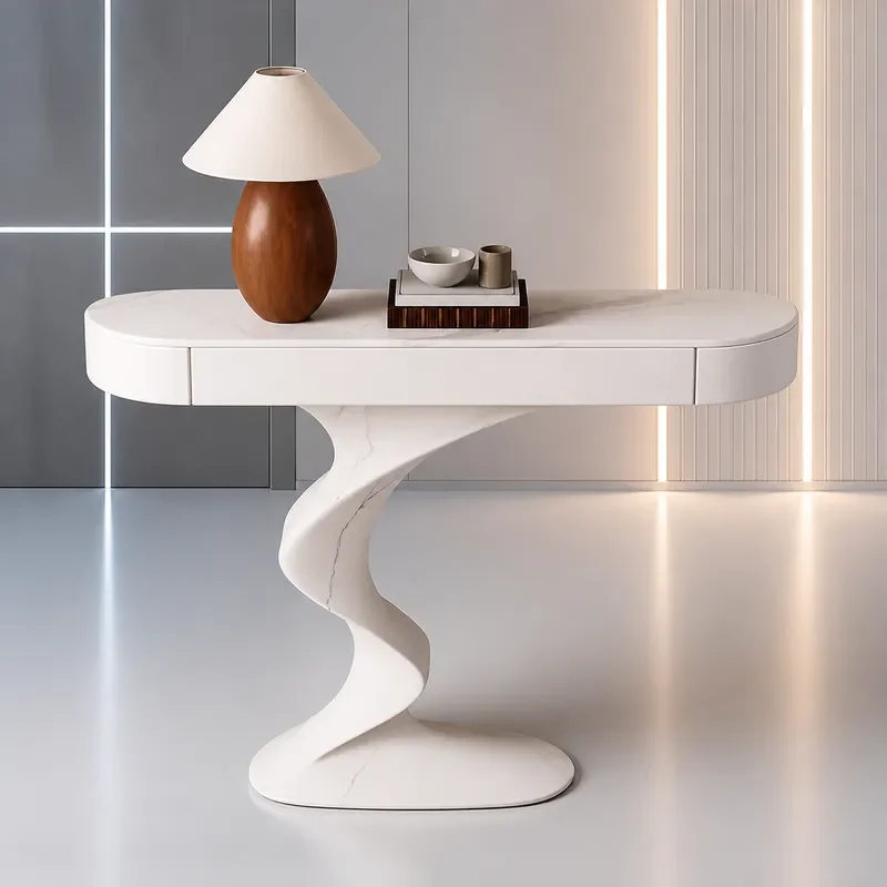 Luxury Solid Wood Entrance Console Table with Microcrystalline Stone Top High End Villa Entryway Cabinet Customizable End