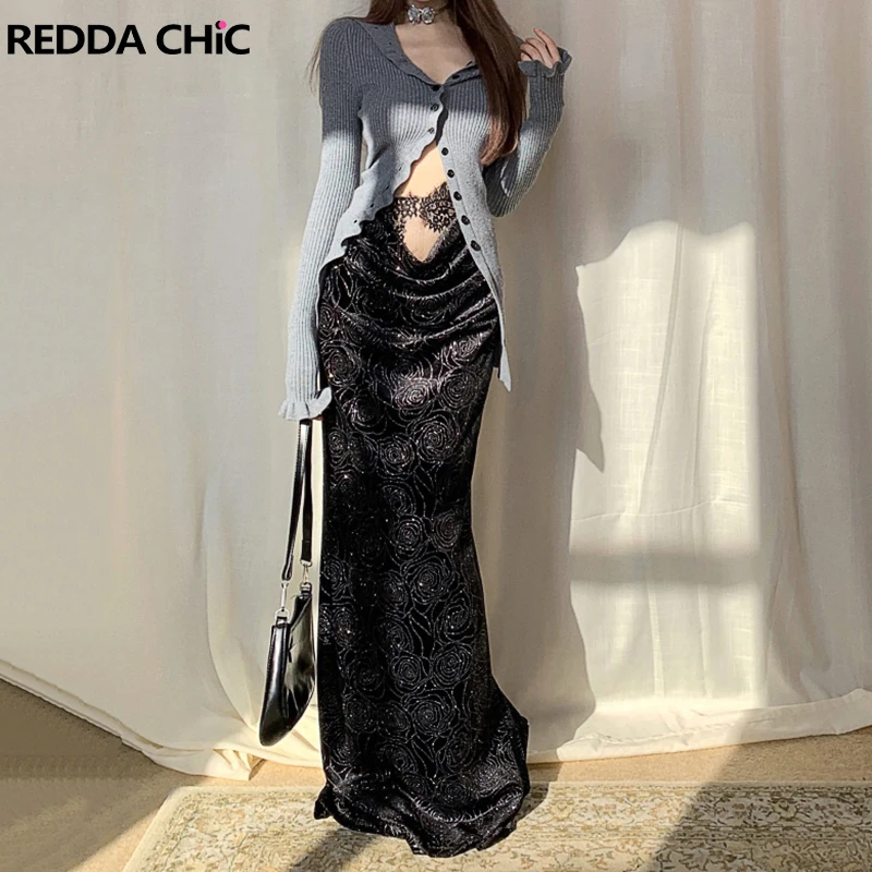 

ReddaChic Lace Spliced Velvet Maxi Long Skirt Women Diamond Rose Elegant Draped Slit Mermaid Slim Bodycon Skirt Vintage Clothes