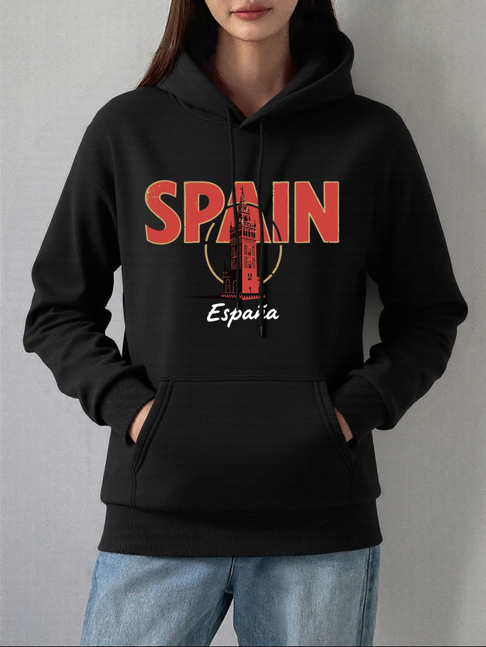Spain España Giralda Tower Prints Hoodies Women Winter Fleece Warm Pullovers Loose Pocket Sweatshirts Casual Soft Womans Clothes