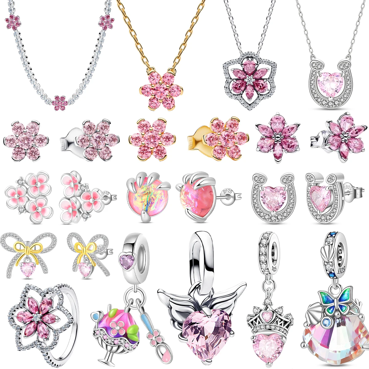Hot Sales 925 Sterling Silver Pink Flower Zircon Ear Stud Ring Pendant Bead Fit DIY Women's Bracelets Necklaces Jewelry Gifts