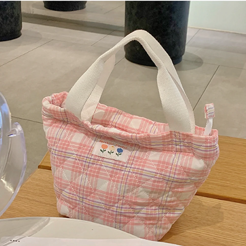 Plaid Lunch Bag Women Thermal Big Capacity Drawstring Lunch Box Tote Food Bags Office Worker Portable Insulated Food Storage Bag