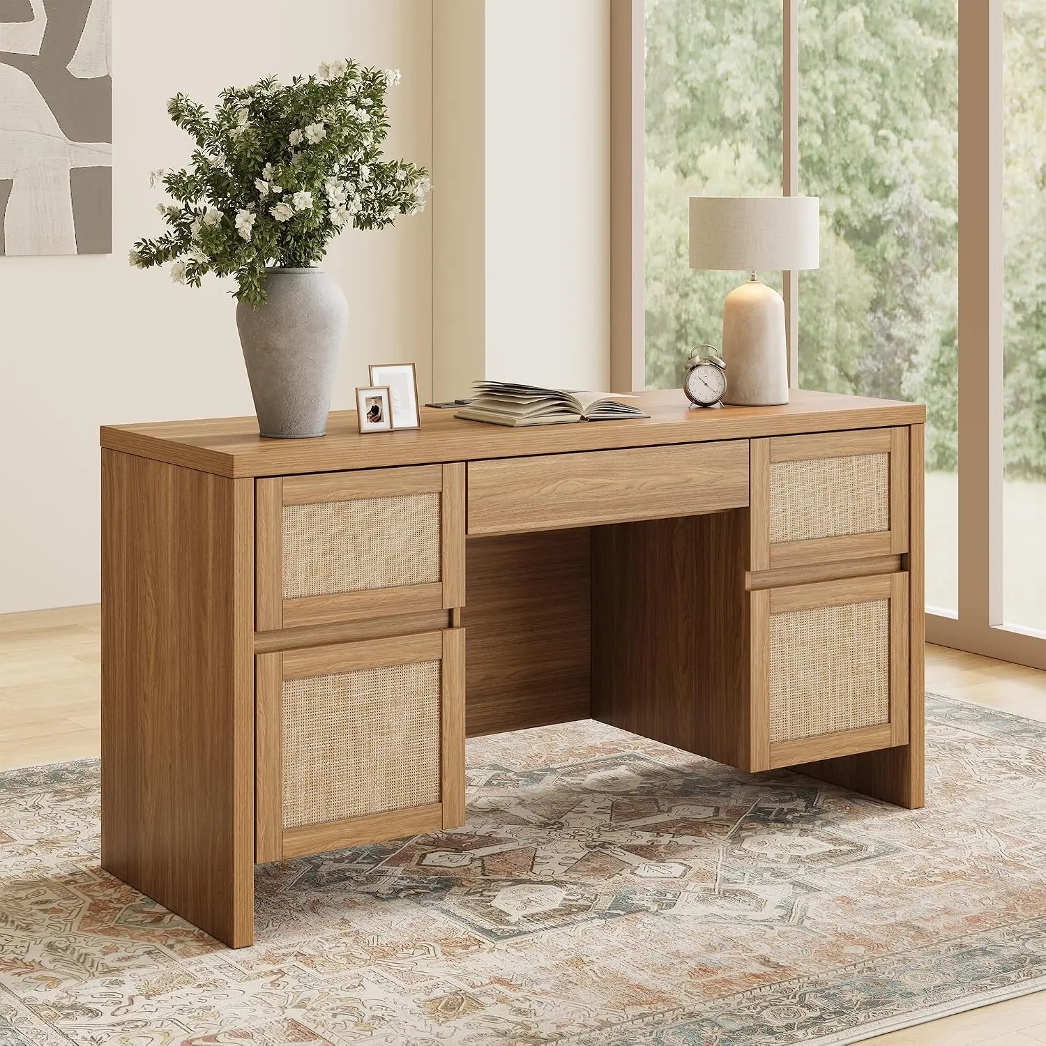 Modern Rattan Executive Desk with 5 Drawers, 57