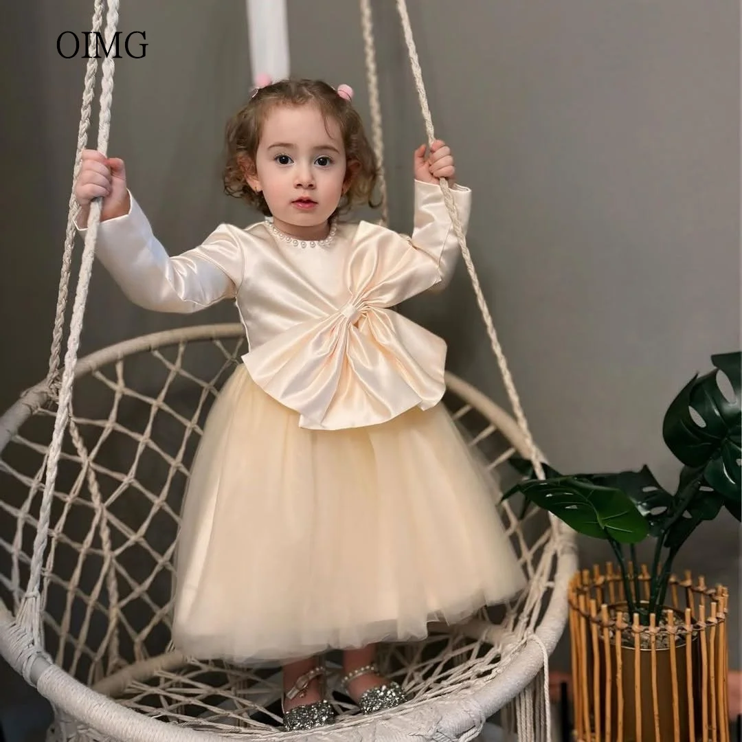 OIMG Cute Ball Flower Girl Dresses Full Sleeves With Bow/Pearl Gown Wedding Party Dress Princess Birthday Dress Customized