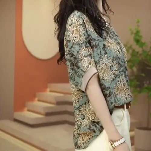 Imagen 2 del producto Blusa de manga corta con cuello redondo para mujer, ropa elegante Harajuku ajustada, camisetas holgadas informales que combinan con todo, blusa estampada con inserto de cuello redondo, 2024