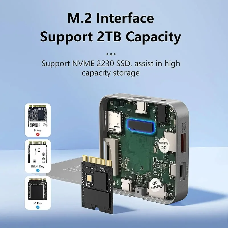 Hub USB-C Magnético con Carcasa para SSD M.2 NVMe 2230, HDMI 4K a 60Hz, Ranura para Tarjetas SD/TF 3.0, 100W PD para iPhone 15 16, MacBook Pro, Air y Laptops