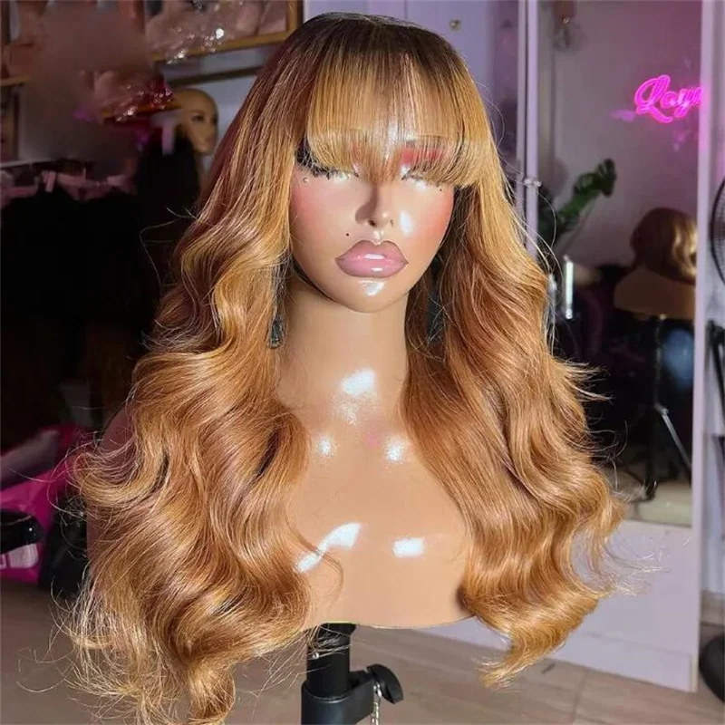 Perruque Body Wave avec Frange pour Femme, Haute Température, Cosplay, Sans Colle, Longue et Douce, Blonde Ombre, Marron, Densité 180, Machine, 26"