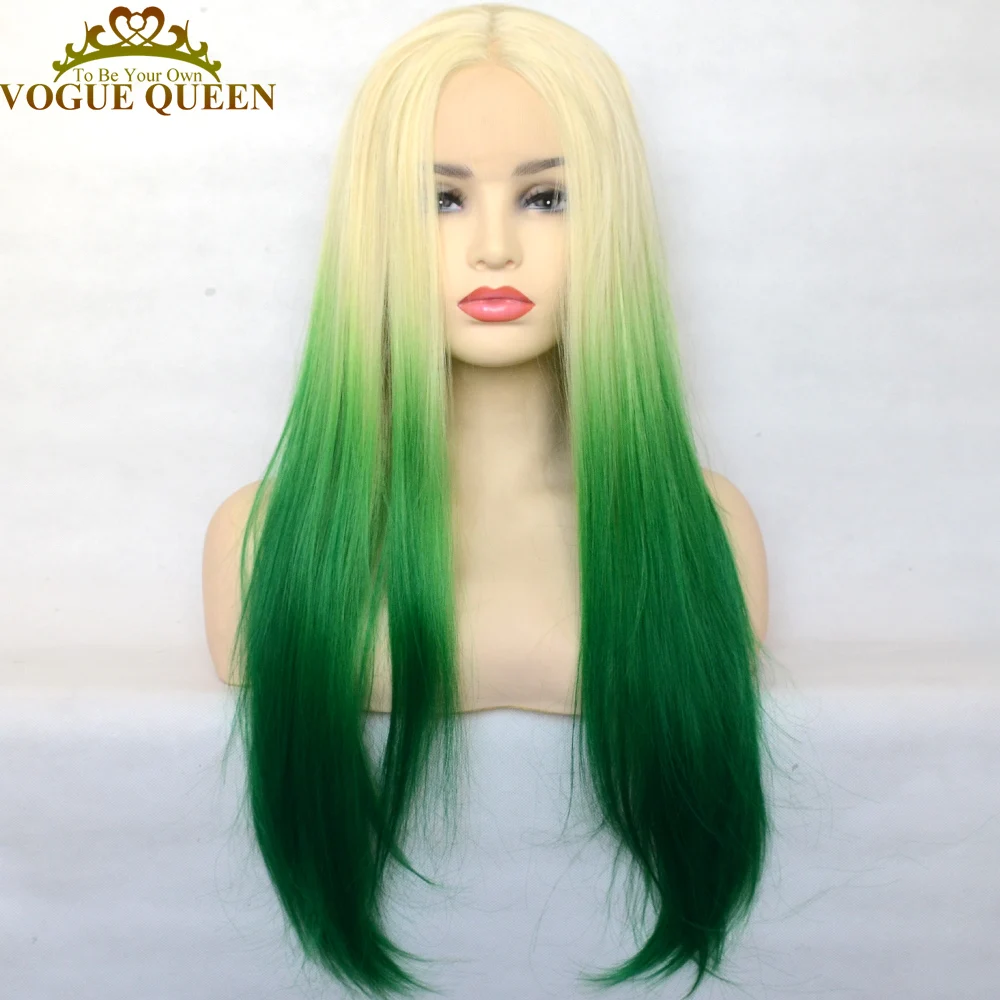 

Vogue Queen Blonde Green Ombre Synthetic Lace Front Wig Silky Straight Heat Resistant Fiber Cosplay For Women