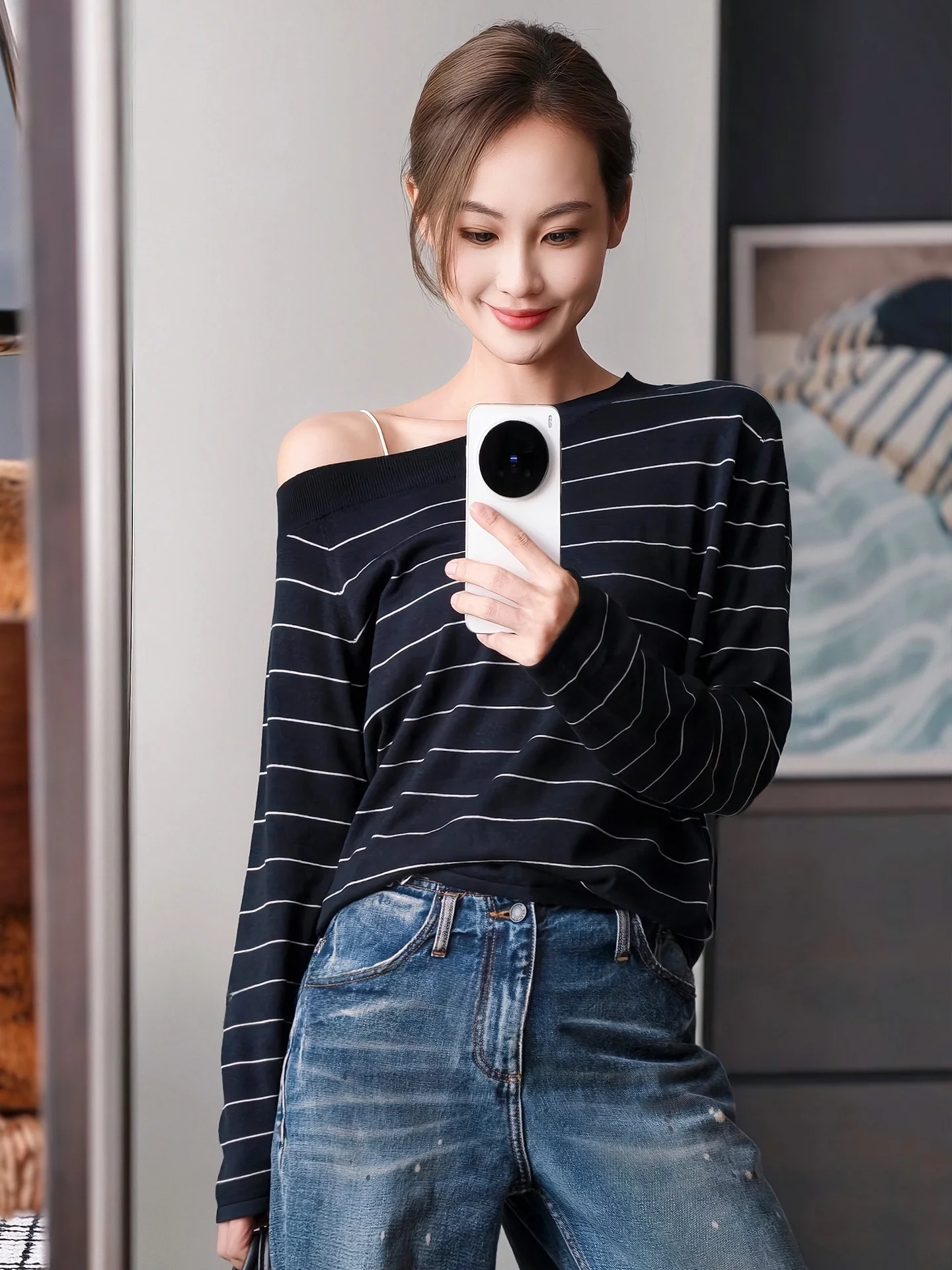 

MeiYang Silk Camere Knitwear Asymmetrical oulder Stripe Long Sve Women's Casual Loose Fit Faionable Winter Top