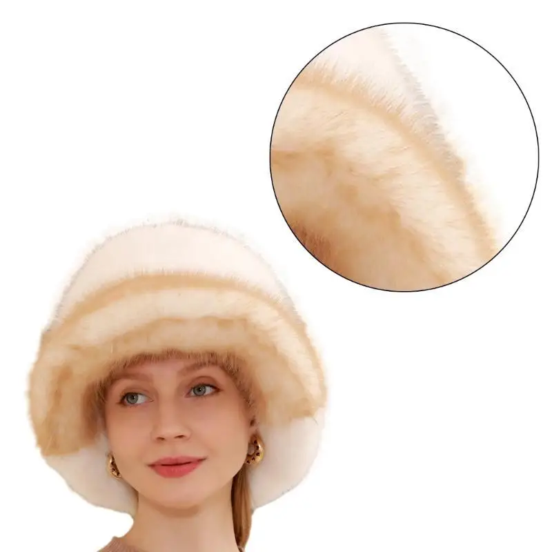 652F Thicken Plush Bucket Hat for Woman Windproof Faux Furs Design Bucket Hat Adult Teens Winter Keep Warm Fisherman Cap