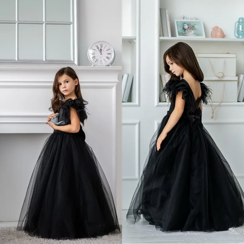 

Simple Perspective Back Flower Girl Dresses Flare Sleeves Kids Princess Dresses Pearls Communion Dress for Birthday New Year