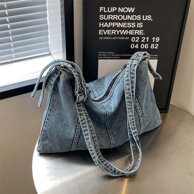 Large Capacity Sewing Thread Denim Zipper Solid Crossbody Bags 2024 High Quality Basic Style Fashion Shoulder Bags for Women