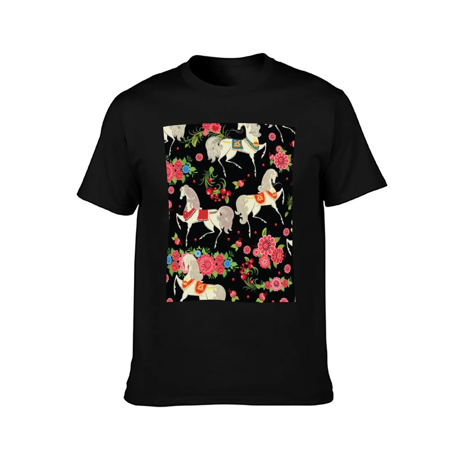 Dancing Horse with Red Rose Flower in Black Background Pattern T-Shirt Plus Size Basic Cotton T-Shirt