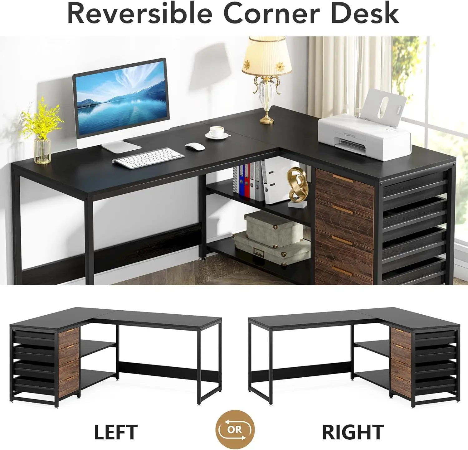 Tribesigns L Shaped Computer Desk with Storage Drawers, 59 inch Corner Desk with Shelves, Reversible L-Shaped Office Desk Study