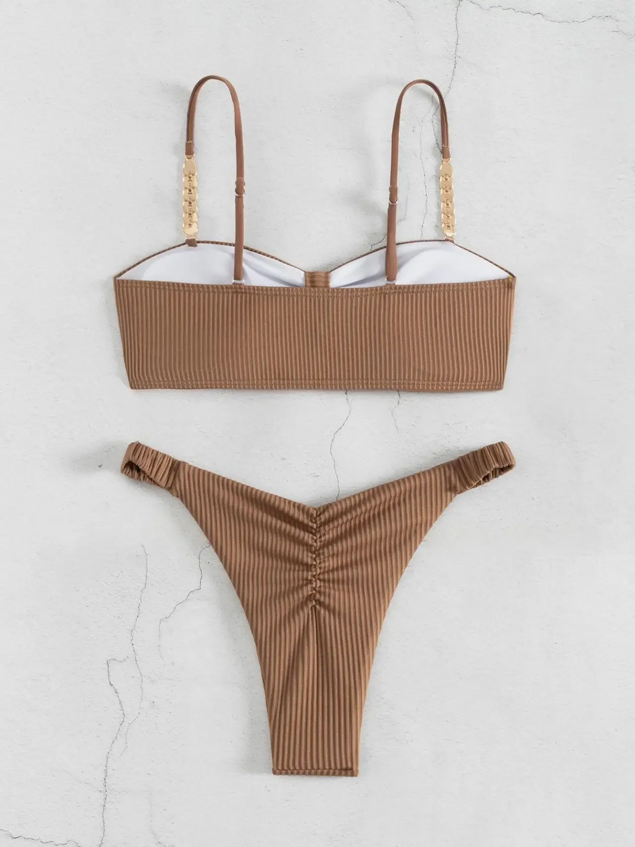 Sexy Push-Up-Bikini-Set mit Schleife vorne, 2025, Damen-BH mit Metallband, aushöhlen, Falten-Tanga-Badeanzug, Sommer-Badeanzug, weiße Badebekleidung