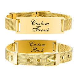 Personalized ID Bracelet for Women Men, Adjustable Chain Link, Milanese Watch Strap Stainless Steel Gold Plated