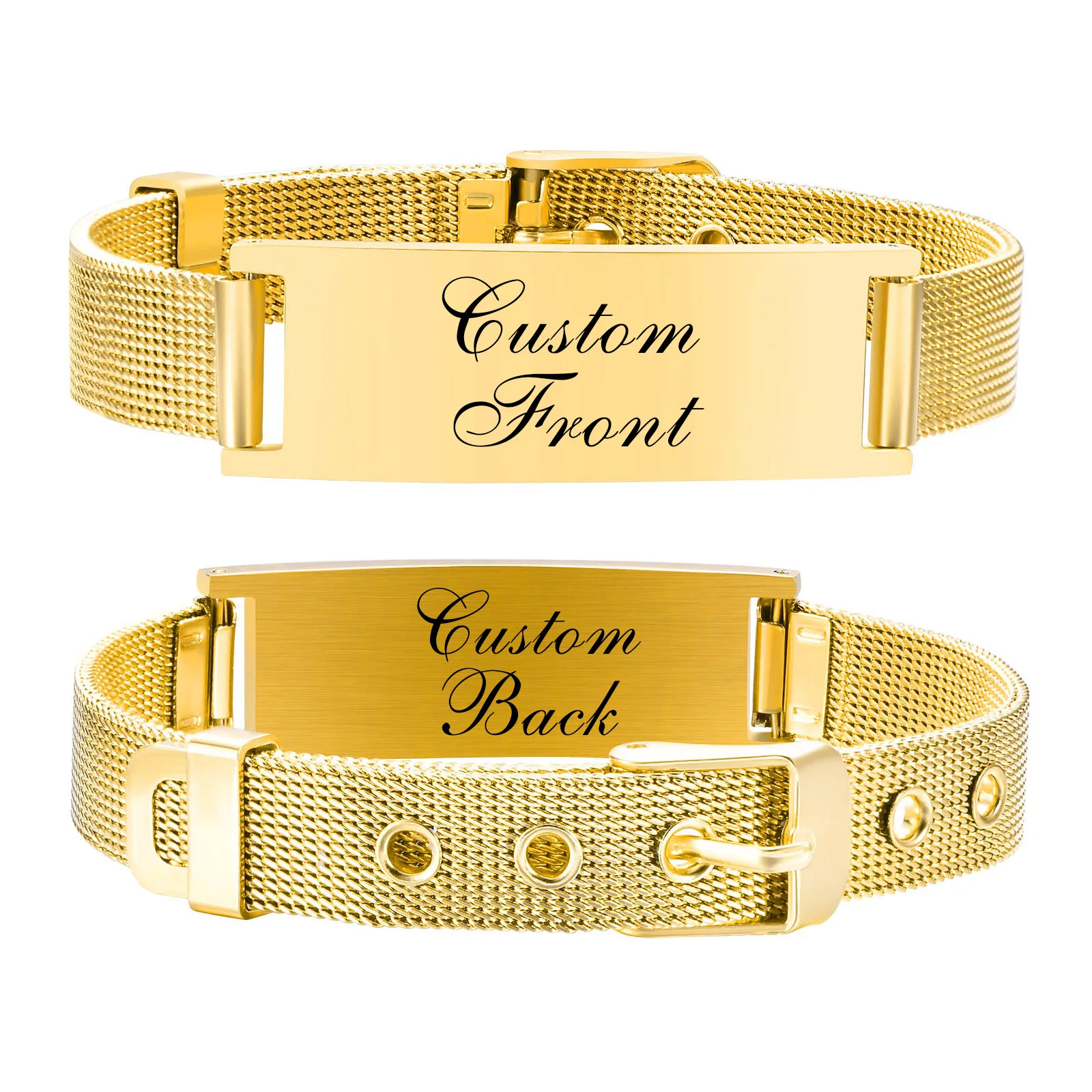 Personalized ID Bracelet for Women Men, Adjustable Chain Link, Milanese Watch Strap Stainless Steel Gold Plated