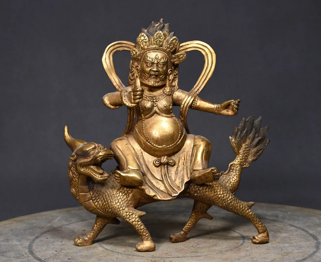 Tibetan Nepalese Brass Gilt Dragon Riding Beast White God of Wealth Ornament Home Buddhist Hall Small Supplies 19cm