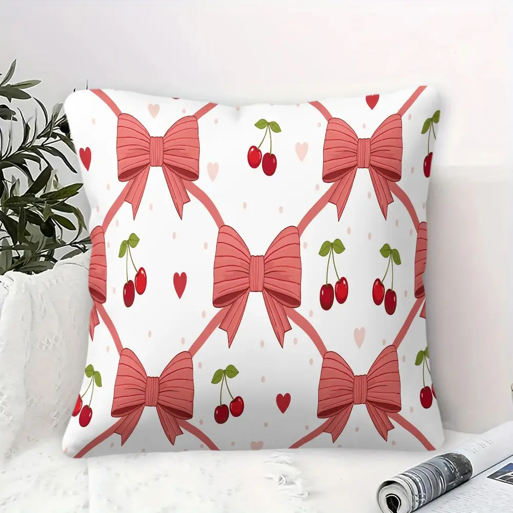 Cherry Bowknot Print Throw Pillow Digital Printed Soft Cushion Accent Pillow Case For Sofa Bedroom Home Decor 45x45cm
