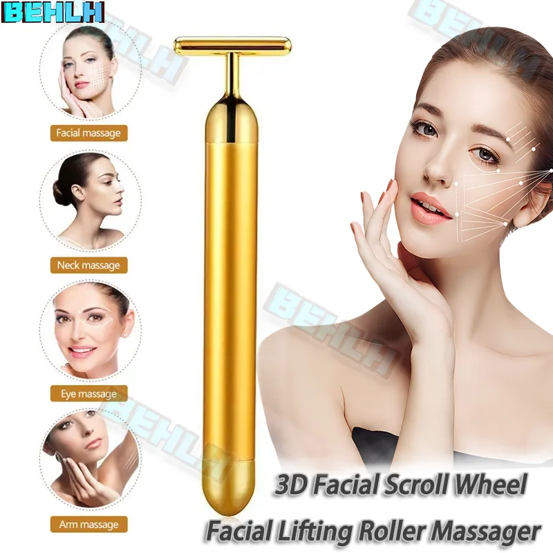 

24K Gold T-shaped Facial Roller Vibration Electric Beauty Stick Facial Lift Wrinkle Removing Energy Firming Beauty Tool Massager