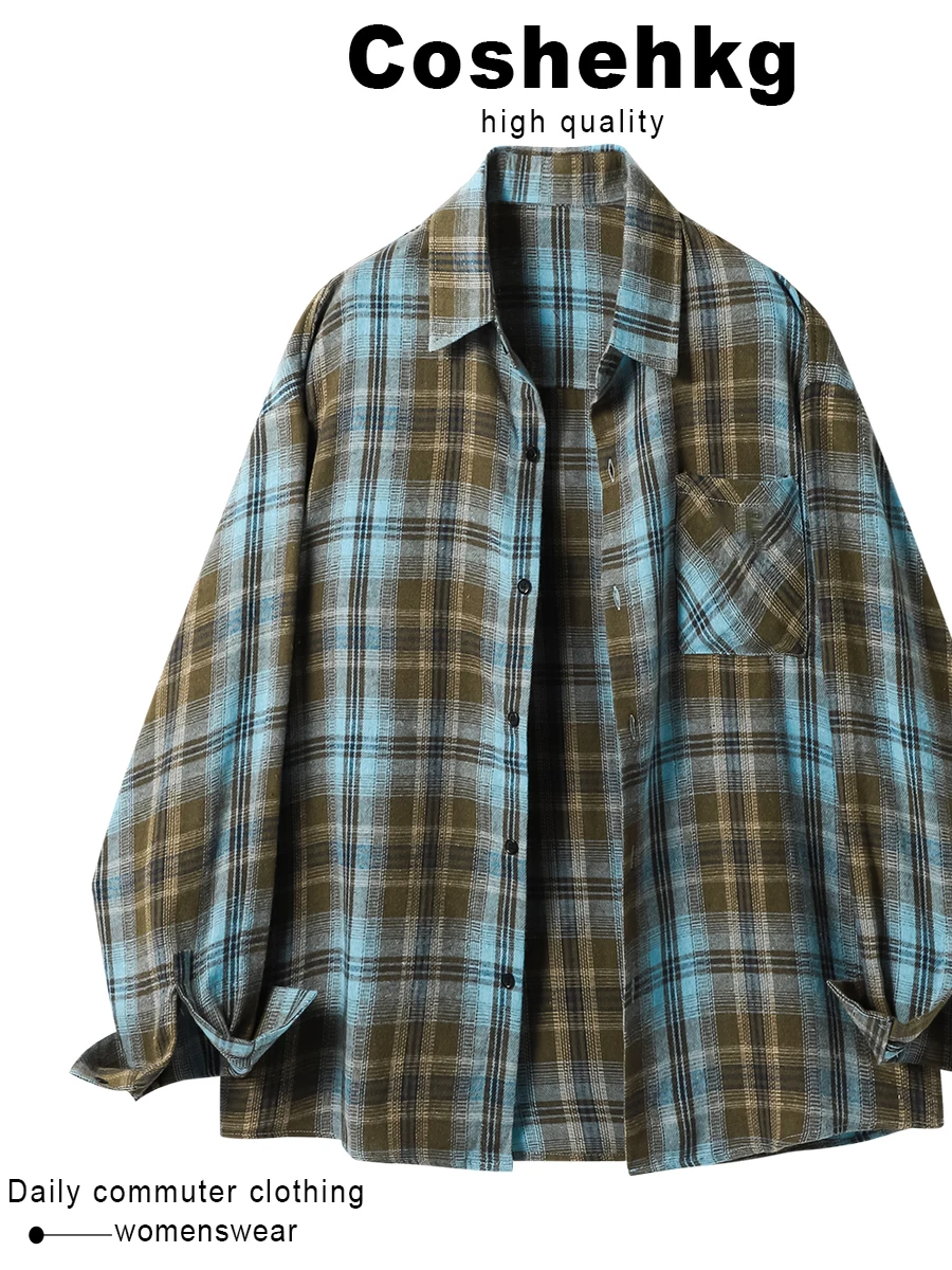 

Loose Fit Neck Plaid Shirt Women's Autumn Winter Lazy Street Style Couple's Thin Outerwear Midi Length Retro Shirt