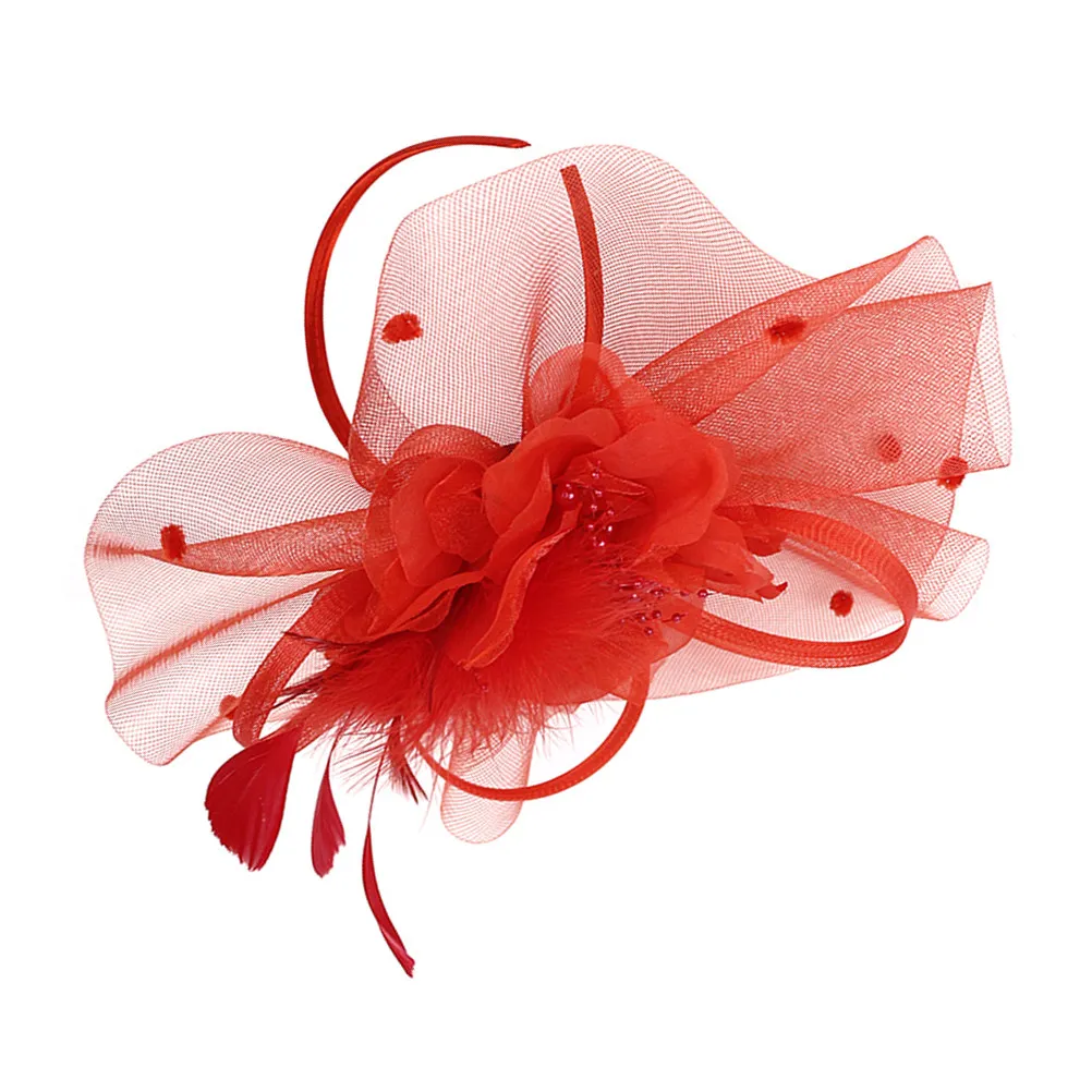 Exquisite Red Featherlight Headband Bridal Fascinator Hoop Floral Mesh Hair Clip for Wedding Evening Party Photography Cocktail