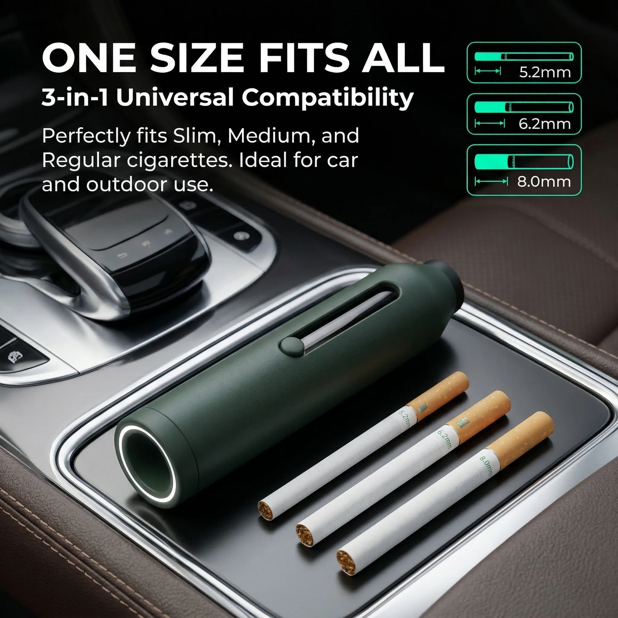 

Portable Pocket Ashtray with One-Touch Extinguish, 3-in-1 No Mess Ash Catcher for Regular, Medium、Slim Cigarettes, Ideal for Car